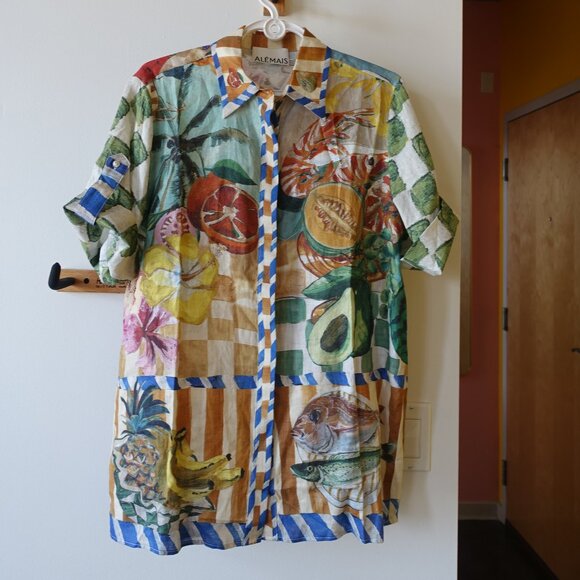 Australian inspired Tropical fish fruit shrimp melon oranges linen shirt 2 - Picture 1 of 12